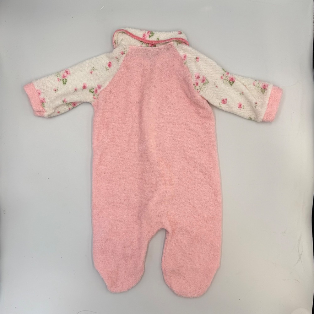 Vtg Pink Floral Footed Baby Onesie – Zipper Front, Plush, Size 0-3M (Unbranded) - Picture 4 of 5